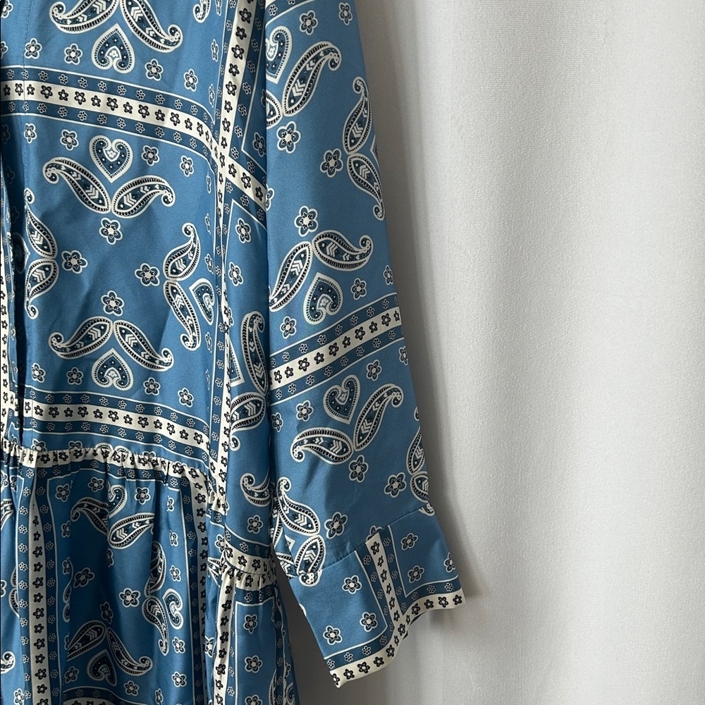 Sandro Blue Paisley Long Sleeve Collared Chloe Silk Mini Dress **Size 40/US 8** - Picture 7 of 12